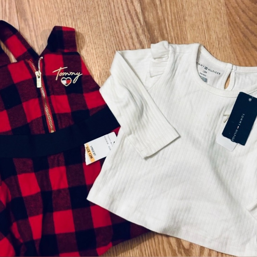 NWT Tommy Hilfiger Red & Black Flannel Dress W/White Long Sleeve Top SZ 12 Month - Picture 3 of 10